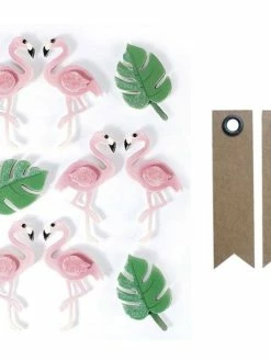 Graine Créative 9 Stickers 3D Flamants Rose 5,5 Cm + 20 étiquettes Kraft Fanion