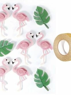 AUCUNE 9 Stickers 3D Flamants Rose 5,5 Cm + Masking Tape Doré à Paillettes 5 M