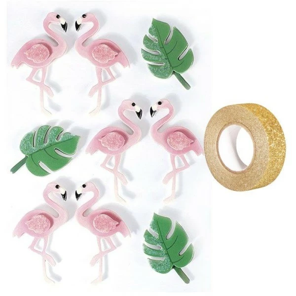 AUCUNE 9 Stickers 3D Flamants Rose 5,5 Cm + Masking Tape Doré à Paillettes 5 M 1 AUCUNE 9 Stickers 3D Flamants Rose 5,5 Cm + Masking Tape Doré à Paillettes 5 M