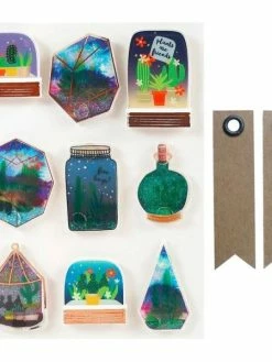 Graine Créative 9 Stickers 3D Succulentes En Bocal + 20 étiquettes Kraft Fanion