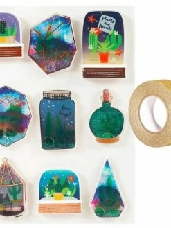 AUCUNE 9 Stickers 3D Succulentes En Bocal + Masking Tape Doré à Paillettes 5 M