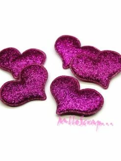 MlleScrap Appliques Cœurs Tissu Glitter Rose Foncé - 5 Pièces