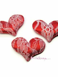 MlleScrap Appliques Cœurs Tissu Rouge - 3 Pièces