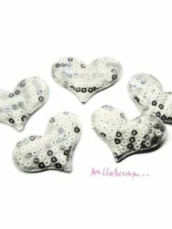 MlleScrap Appliques Cœurs Tissu Sequins Blanc - 5 Pièces