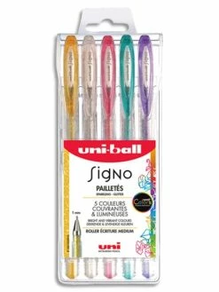 Assortiment De Stylos Gel Uni-Ball Signo - Couleurs Fantaisies Pailletées - 5 Pcs