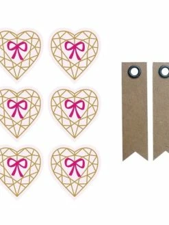 AUCUNE Autocollants 3D 4 Cm Cœur Diamant Sur Fond Rose Clair + 20 étiquettes Kraft Fanion
