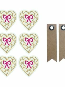 AUCUNE Autocollants 3D 4 Cm Cœur Diamant Sur Fond Vert Clair + 20 étiquettes Kraft Fanion