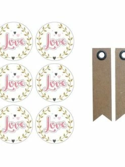 AUCUNE Autocollants 3D Ø 4 Cm Love Sur Fond Blanc + 20 étiquettes Kraft Fanion