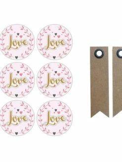 AUCUNE Autocollants 3D Ø 4 Cm Love Sur Fond Rose Clair + 20 étiquettes Kraft Fanion