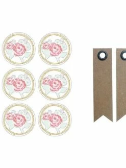 AUCUNE Autocollants 3D Ø 4 Cm Rose Sur Fond Blanc + 20 étiquettes Kraft Fanion