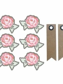 AUCUNE Autocollants 3D Ø 4 Cm Rose Sur Fond Gris + 20 étiquettes Kraft Fanion