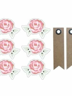 AUCUNE Autocollants 3D Rose Romantique Contour Blanc + 20 étiquettes Kraft Fanion