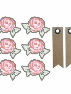 AUCUNE Autocollants 3D Rose Romantique Contour Gris + 20 étiquettes Kraft Fanion