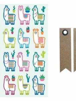 AUCUNE Autocollants Puffies Lamas & Cactus + 20 étiquettes Kraft Fanion