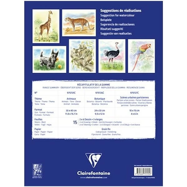 CLAIREFONTAINE Bloc Aquarelle Prédessiné - Animaux - 30 X 40 Cm - 15 Feuilles 2 CLAIREFONTAINE Bloc Aquarelle Prédessiné - Animaux - 30 X 40 Cm - 15 Feuilles – Image 2