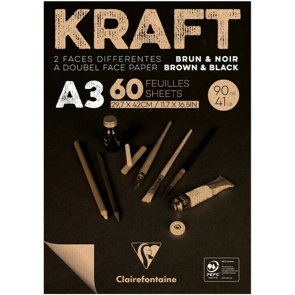 CLAIREFONTAINE Bloc De Papier Kraft Vergé Double-face A3 - Brun Et Noir - 60 Feuilles 1 CLAIREFONTAINE Bloc De Papier Kraft Vergé Double-face A3 - Brun Et Noir - 60 Feuilles