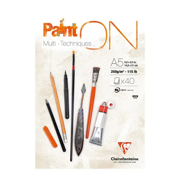 CLAIREFONTAINE Bloc Papier Multi-techniques Paint'On A5 250 G - Blanc - 40 Feuilles 1 CLAIREFONTAINE Bloc Papier Multi-techniques Paint'On A5 250 G - Blanc - 40 Feuilles