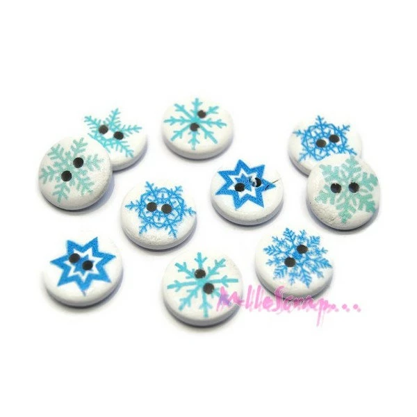 MlleScrap Boutons Ronds Flocons De Neige Bois Bleu, Blanc - 10 Pièces 1 MlleScrap Boutons Ronds Flocons De Neige Bois Bleu, Blanc - 10 Pièces