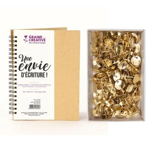 Youdoit Carnet Kraft 18 X 13 Cm à Spirales Papier Blanc Pointillé + 150 Punaises Dorées 1 Youdoit Carnet Kraft 18 X 13 Cm à Spirales Papier Blanc Pointillé + 150 Punaises Dorées