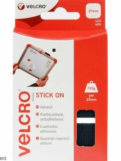VELCRO® Carrés Velcro Auto Agrippants - A Coller - Noir - 25 Mm - 24 Pcs