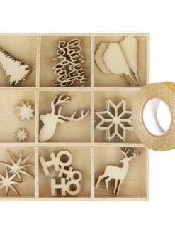 AUCUNE Coffret De 27 Mini Décorations En Bois Noël + Masking Tape Doré à Paillettes 5 M