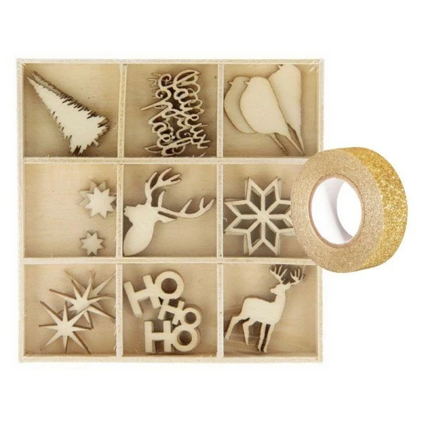 AUCUNE Coffret De 27 Mini Décorations En Bois Noël + Masking Tape Doré à Paillettes 5 M 1 AUCUNE Coffret De 27 Mini Décorations En Bois Noël + Masking Tape Doré à Paillettes 5 M