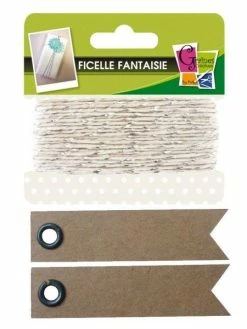 Graine Créative Ficelle Blanche-argentée 10 M + 20 étiquettes Kraft Fanion