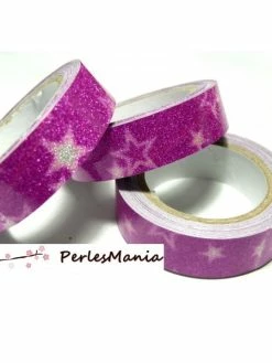 Perlesmania H079 Lot 2 Rouleaux De Masking Tape, Rouleau Adhesif Coton Paillette ROSE FUSHIA 15mm Motif Etoile