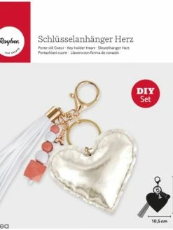 Rayher Kit Porte-clé à Coudre Soi-même - Coeur - Doré, Rose, Blanc