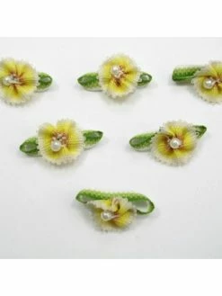 La Boutique D'Isacrea LOT 6 APPLIQUES TISSUS : Fleur Jaune/blanche + 1 Perle 15mm