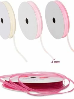 Artif Lot De 4 Rubans Organza Tons Rose, Bordure Brodée, Largeur 3 Mm, Longueur 4 X 4 M, Rouleau Décoratif
