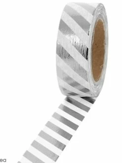 Creavea Masking Tape Foil Lignes Grises Argentées Et Blanches - 1,5 Cm X 10 M
