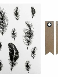 AUCUNE Motifs Autocollants Noir & Blanc Plumes + 20 étiquettes Kraft Fanion
