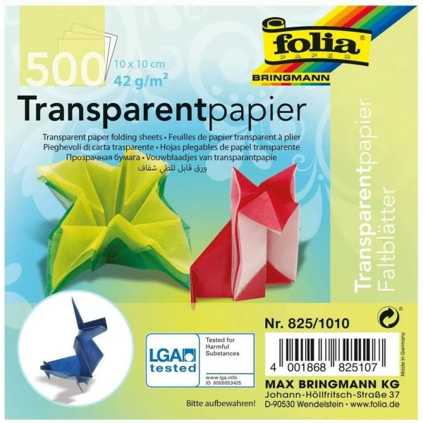FOLIA Papier Transparent Pour Le Pliage - 100 X 100 Mm - Assorti 1 FOLIA Papier Transparent Pour Le Pliage - 100 X 100 Mm - Assorti
