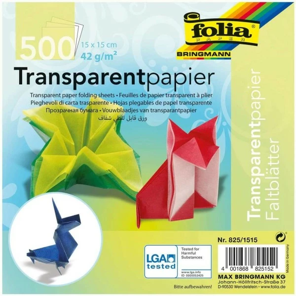 FOLIA Papier Transparent Pour Le Pliage - 150 X 150 Mm - Assorti 1 FOLIA Papier Transparent Pour Le Pliage - 150 X 150 Mm - Assorti