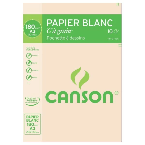 Pochette "Canson" A3 Grain C 180g. - Blanc 1 Pochette "Canson" A3 Grain C 180g. - Blanc