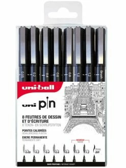 Uni Pochette Feutres Techniques - Pointe Calibrée De 0,05 à 1,2 Mm - Noir - 8 Pcs