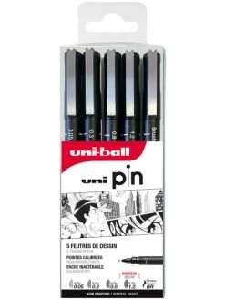 Uni Pochette Feutres Techniques - Spécial Dessin 0,05 à 1,2 Mm - Noir - 5 Pcs