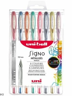 Uni Pochette Stylos Roller Gel Signo Métallisés - Ecriture Large 1 Mm - 8 Coloris - 8 Pcs