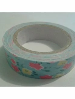 LEROY DE LA CREATION Rouleau De Masking Tape Tissu , Fond Bleu Et Fleur Rose / Jaune