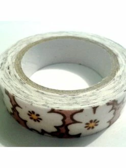 LEROY DE LA CREATION Rouleau De Masking Tape Tissu , Fond Marron , Grosse Fleur Blanche