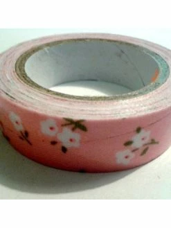 LEROY DE LA CREATION Rouleau De Masking Tape Tissu , Fond Rose Et Fleur Blanche / Rose