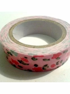 LEROY DE LA CREATION Rouleau De Masking Tape Tissu , Fond Rose , Fleur Rose / Vert D’eau