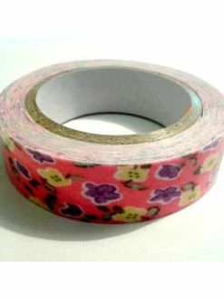 LEROY DE LA CREATION Rouleau De Masking Tape Tissu , Fond Rose Foncé , Fleur Mauve / Jaune