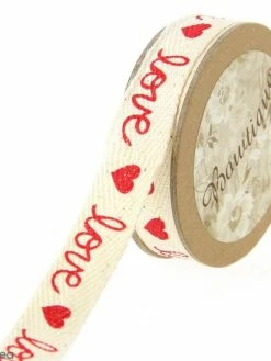 Ruban Coton Celebrate - Coeurs Love Sur Fond Beige - 15 Mm X 5 M