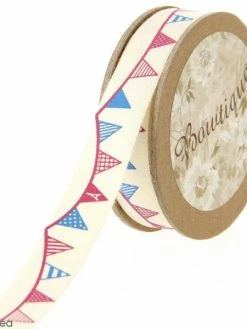 Ruban Coton Celebrate - Fanions Sur Fond Beige - 15 Mm X 5 M