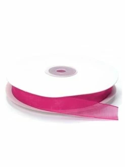 Artif Ruban Organza Fuchsia, Bordure Brodée, Largeur 15 Mm, Longueur 28 M, Rouleau Décoratif