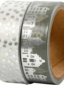Creativ Company Set De Masking Tape - Maisons Et Pois Argent - 1,5 Cm X 4 M - 2 Pcs