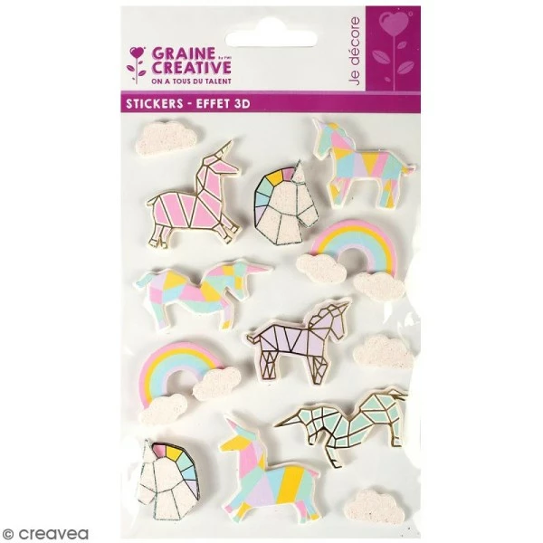 Graine Créative Stickers 3D - Licorne Géométrique - 13 Autocollants 1 Graine Créative Stickers 3D - Licorne Géométrique - 13 Autocollants
