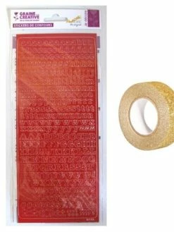 AUCUNE Stickers Alphabet Rouge 10,5 X 23,2 Cm + Masking Tape Doré à Paillettes 5 M